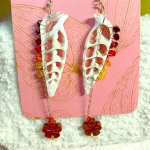 Shell & crystal accents + wood flower earrings